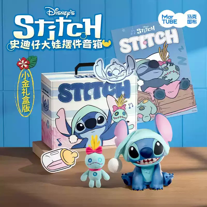A collection of Stitch plush toys and a box featuring the Stitch brand logo and Disney's Stitch title.