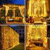A collage of scenes showing warm yellow fairy lights decorating an outdoor structure, a window, and a wall, used for weddings
