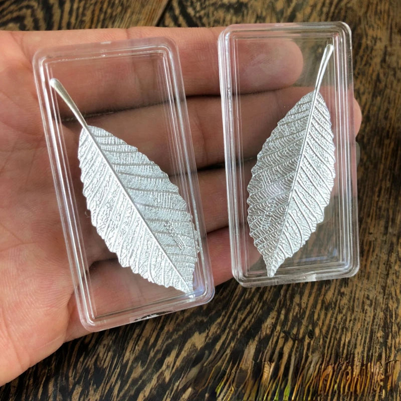 A clear plastic container holds a single silver tea brewing leaf on a wooden surface.