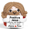 Handmade crochet potato doll with brown hair and white fur holding an inspirational card that says Positive Jesus Forever and