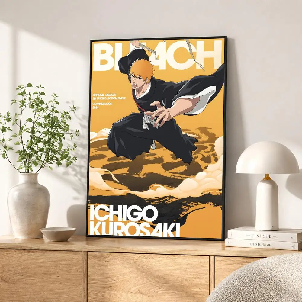 A vertical poster featuring an anime character in a dynamic pose against an orange background.