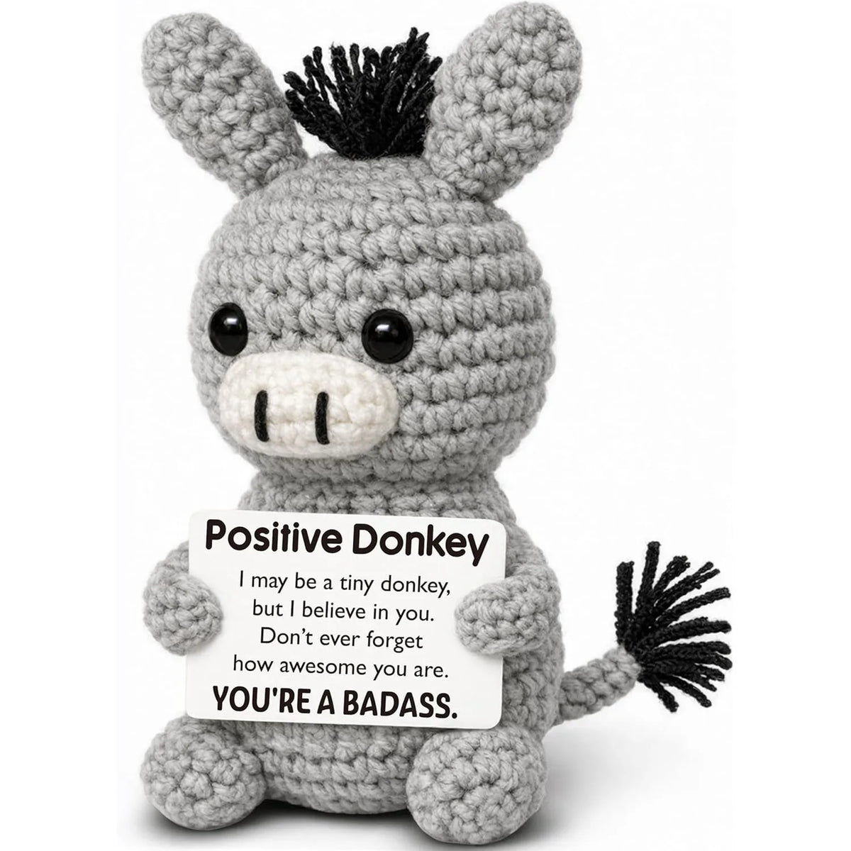 Handmade crochet donkey figurine with a card that says You're a badass