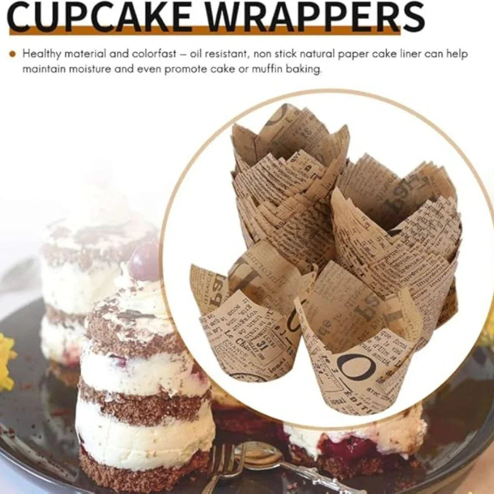 A close-up of brown newspaper style cupcake wrappers and baked cupcakes.