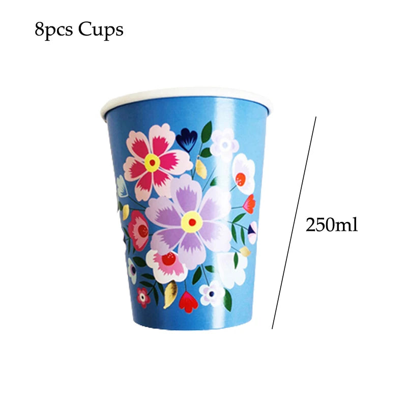 A set of 8 floral disposable cups in blue and pink for parties