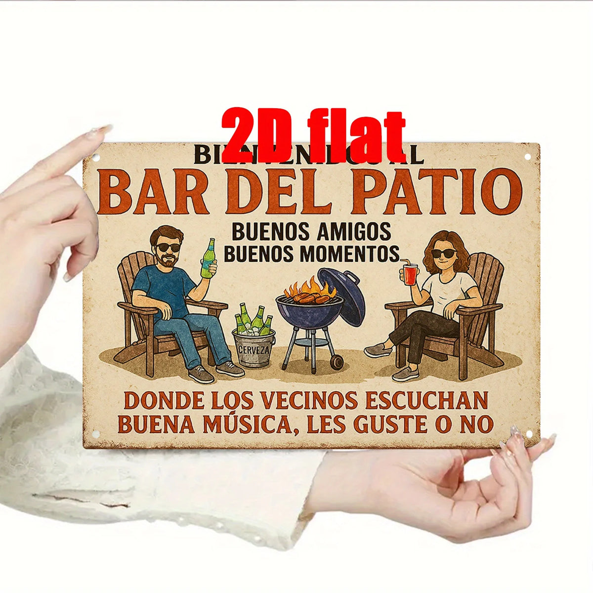 A rustic wooden sign featuring text and illustrations advertising a bar or patio, held by a hand.