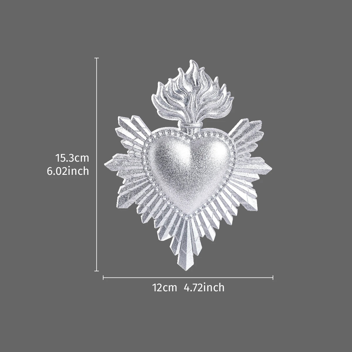 Silver resin heart decoration with flame accents, measuring 15.3cm (6.02inch) high and 12cm (4.72inch) wide.