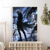 Anime wall poster of Gojo Satoru in a dark, dramatic pose against an urban background.