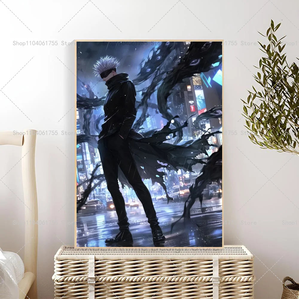 Anime wall poster of Gojo Satoru in a dark, dramatic pose against an urban background.