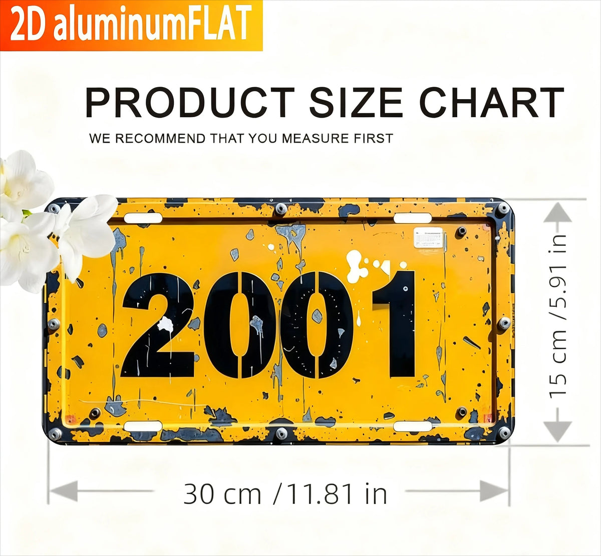Product size chart showing a yellow metal sign measuring 30 cm by 15 cm.