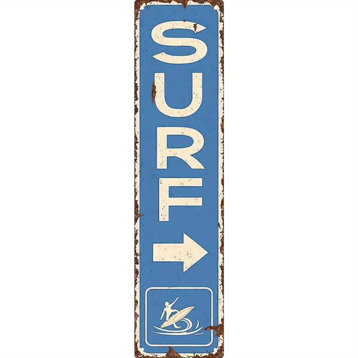 Señal vertical de metal azul con texto blanco que dice SURF y la silueta de una persona surfando