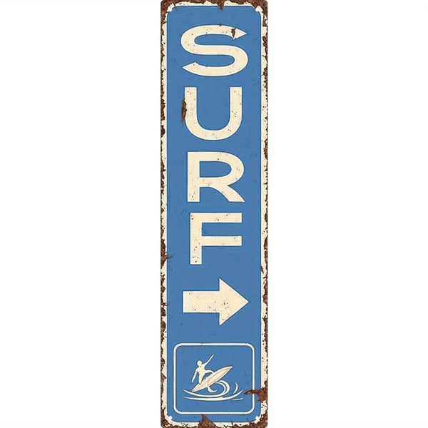 Vertical blue metal sign with white text reading SURF and a silhouette of a person surfing on a board