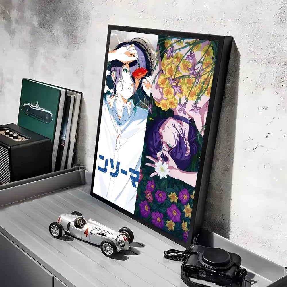 Anime wall art featuring a character with purple hair and white clothing against a floral background.