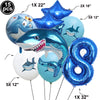 A collection of blue shark foil balloons in various sizes, including 15 pieces total.