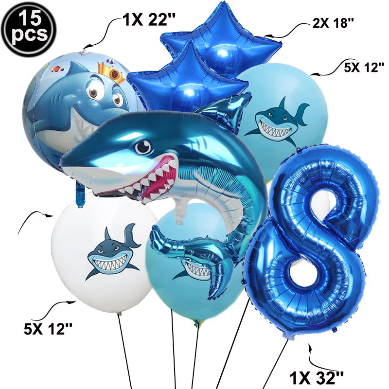 A collection of blue shark foil balloons in various sizes, including 15 pieces total.