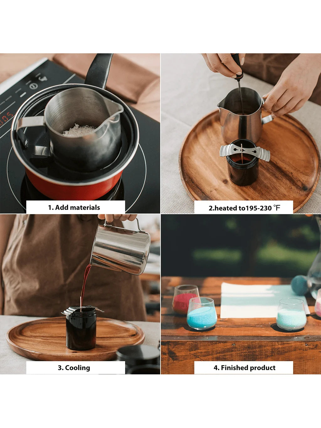 Four steps showing the process of creating candle color dye blocks from raw materials to finished product.