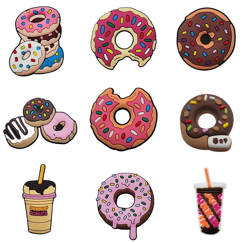 A collection of various colorful and decorated doughnuts shown in different shapes and glazes.