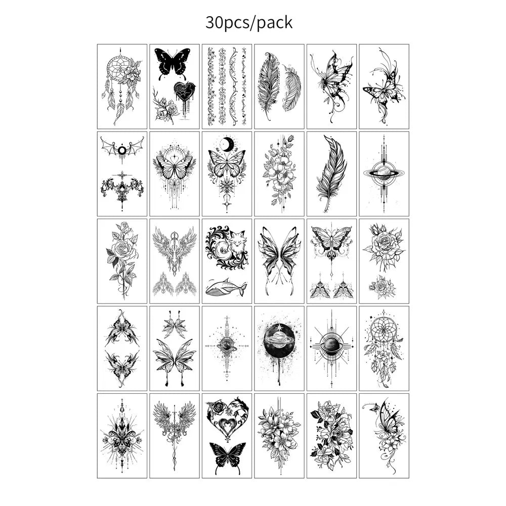 A grid of 30 designs featuring various black butterfly and nature-inspired temporary tattoos.
