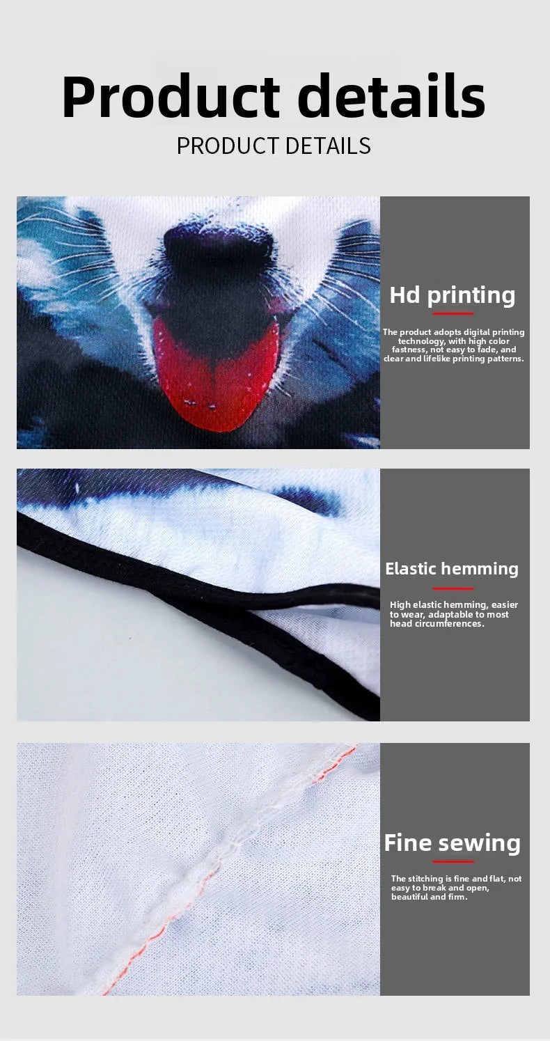 Close-up details of a black cat animal ski balaclava showing hd printing, elastic hemming, and fine sewing.