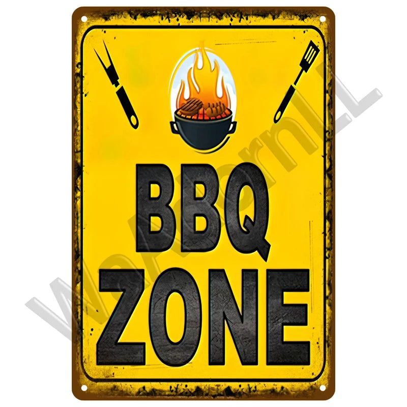 A yellow metal sign with black text reading BBQ ZONE and featuring crossed grilling tools and a flaming grill icon.