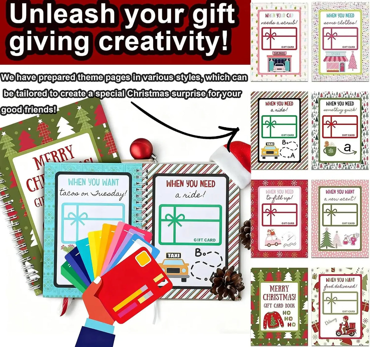 A colorful booklet of Christmas gift cards and themed pages for creating a surprise.