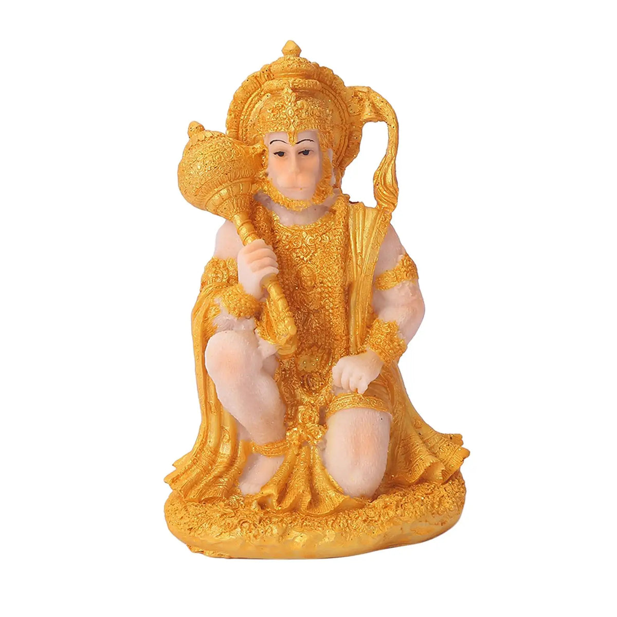 Handcrafted golden resin statue of Hanuman with a mace, seated for meditation and home decor