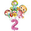 A set of colorful cartoon Cocomelon watermelon foil balloons featuring characters and a large number 2