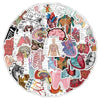 A collection of pink and colorful graffiti stickers illustrating human anatomy, including organs and skeletal structures.