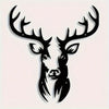 A black metal wall sculpture of a deer head with antlers.