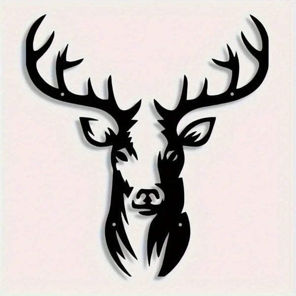 A black metal wall sculpture of a deer head with antlers.