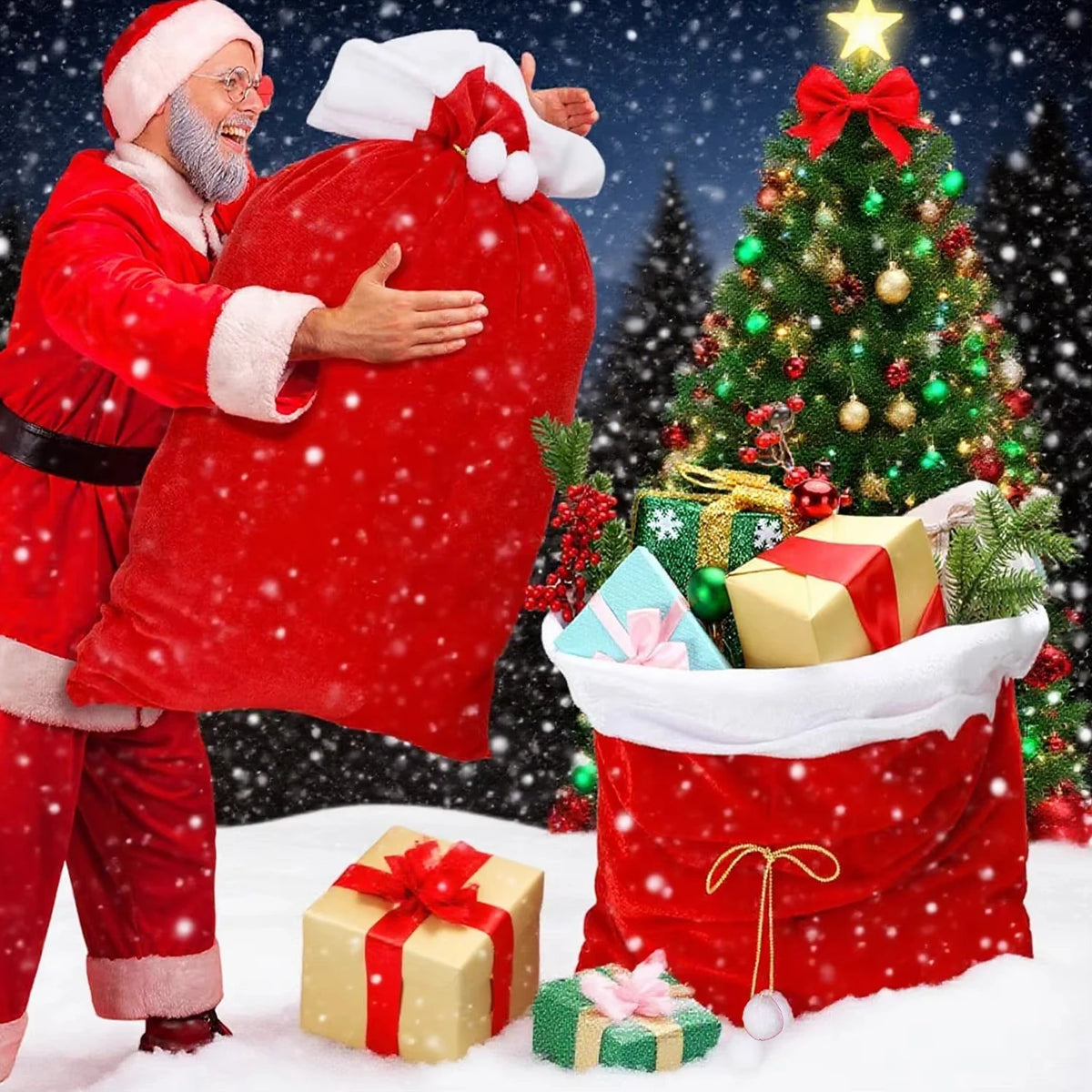A man dressed as Santa Claus is holding a large red gift bag in a snowy setting with a decorated Christmas tree and wrapped p