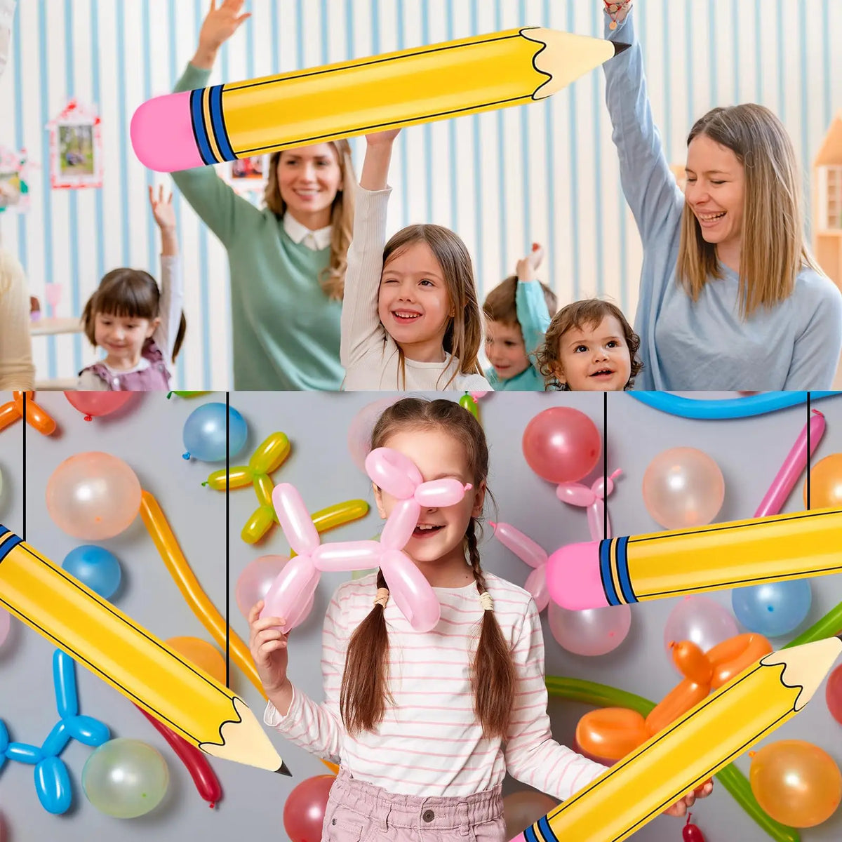 Una niña sostiene un gran globo de lápiz amarillo inflable, rodeada de globos de varios colores para escuela y graduación