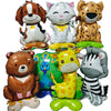 A set of six foil balloons depicting various jungle and safari animals including a lion, tiger, bear, cat, elephant, and gira