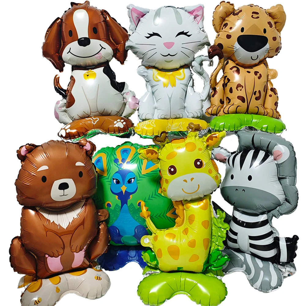 A set of six foil balloons depicting various jungle and safari animals including a lion, tiger, bear, cat, elephant, and gira