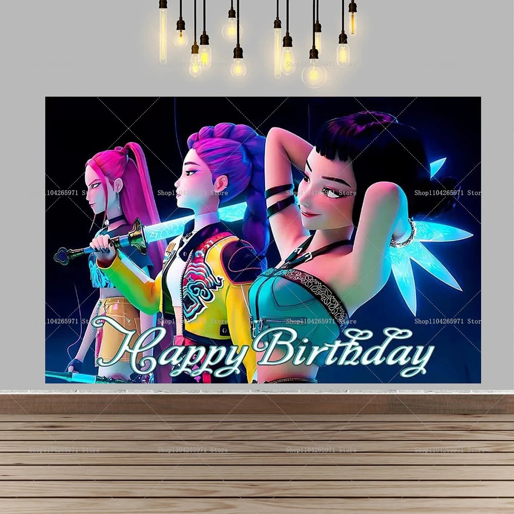 Anime-style illustration of two female characters with purple and pink hair wielding glowing swords against a dark background