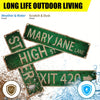 Vintage green metal street signs pointing in different directions for outdoor living proof