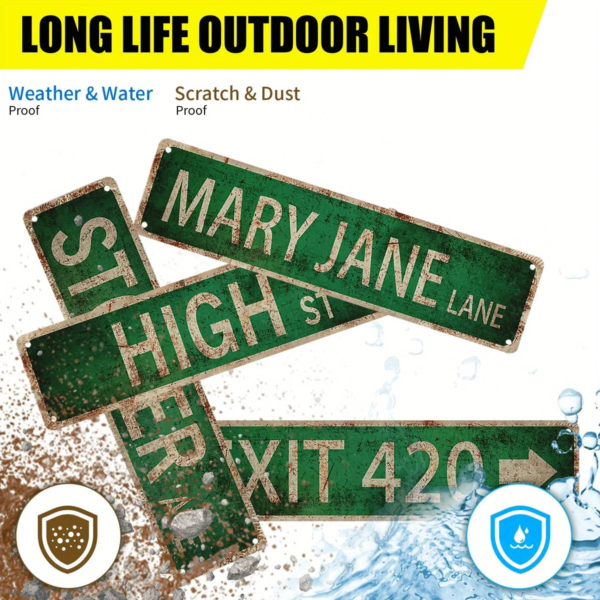 Vintage green metal street signs pointing in different directions for outdoor living proof