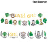 A set of wooden animal-themed banner decorations featuring jungle and safari animals for a birthday party.