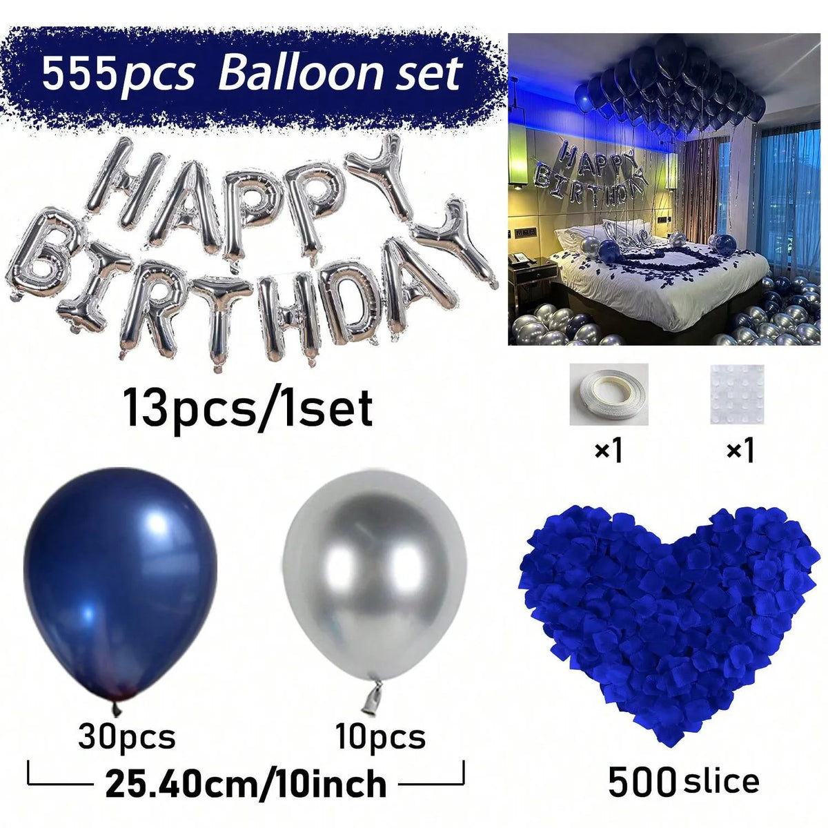 Set von 555 Silberbriefballons und blauen Ballons für Geburtstagsfeiern