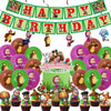 A colorful birthday party set featuring balloons, plates, cups, and cupcake liners with woodland animal themes.