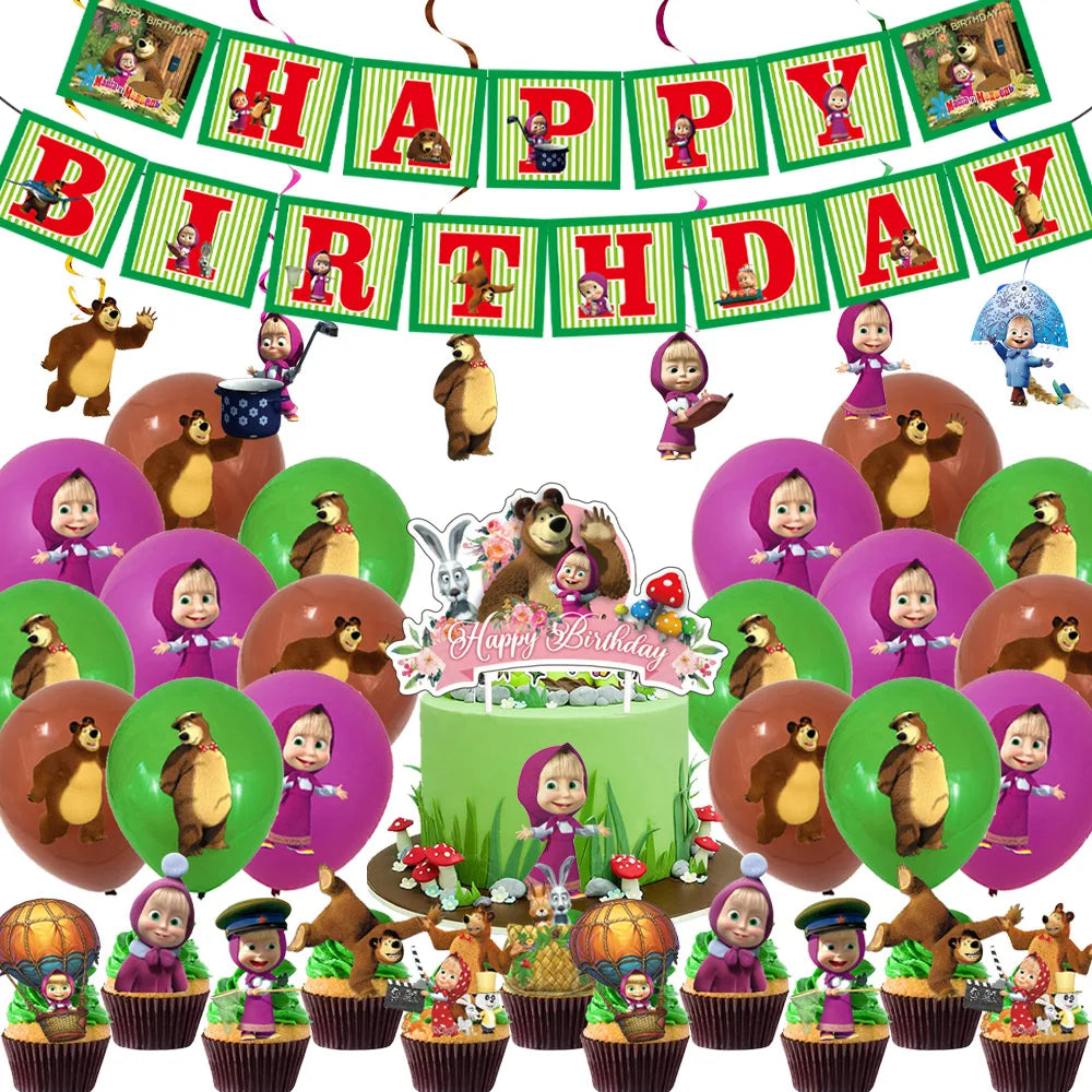 A colorful birthday party set featuring balloons, plates, cups, and cupcake liners with woodland animal themes.