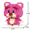 A pink animal model built from micro building blocks, featuring a snout and ears.