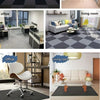 A collection of various self-adhesive solid color runner rugs shown in different contexts like bathrooms, hallways, and stair