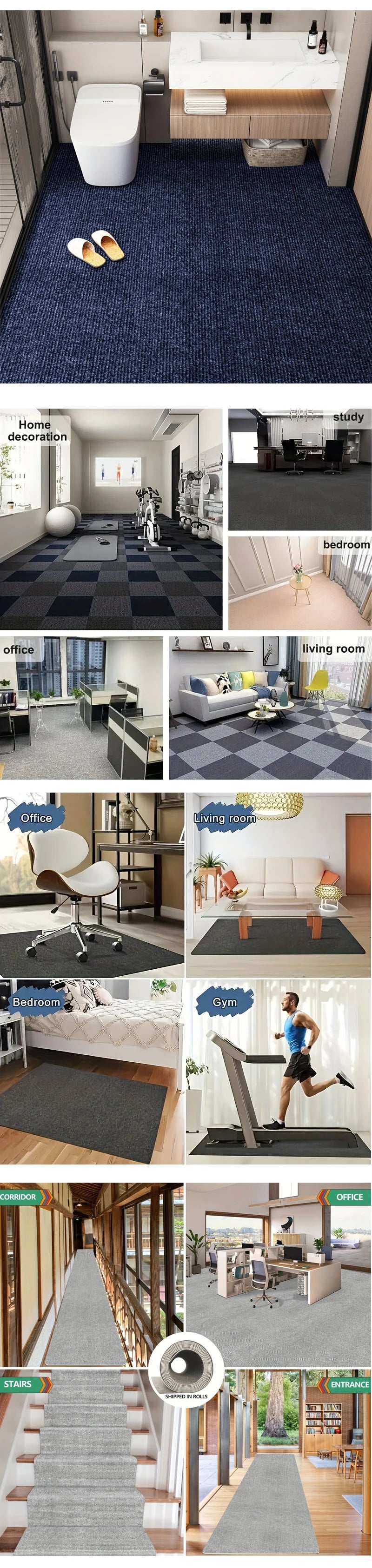 A collection of various self-adhesive solid color runner rugs shown in different contexts like bathrooms, hallways, and stair