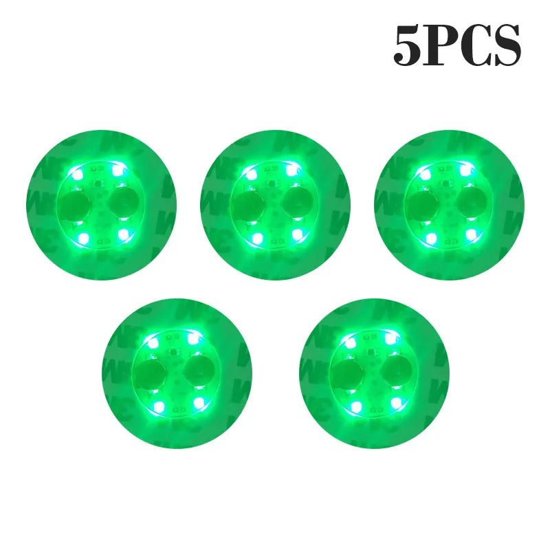 Five green luminous LED coaster lights designed for bottles and glasses.