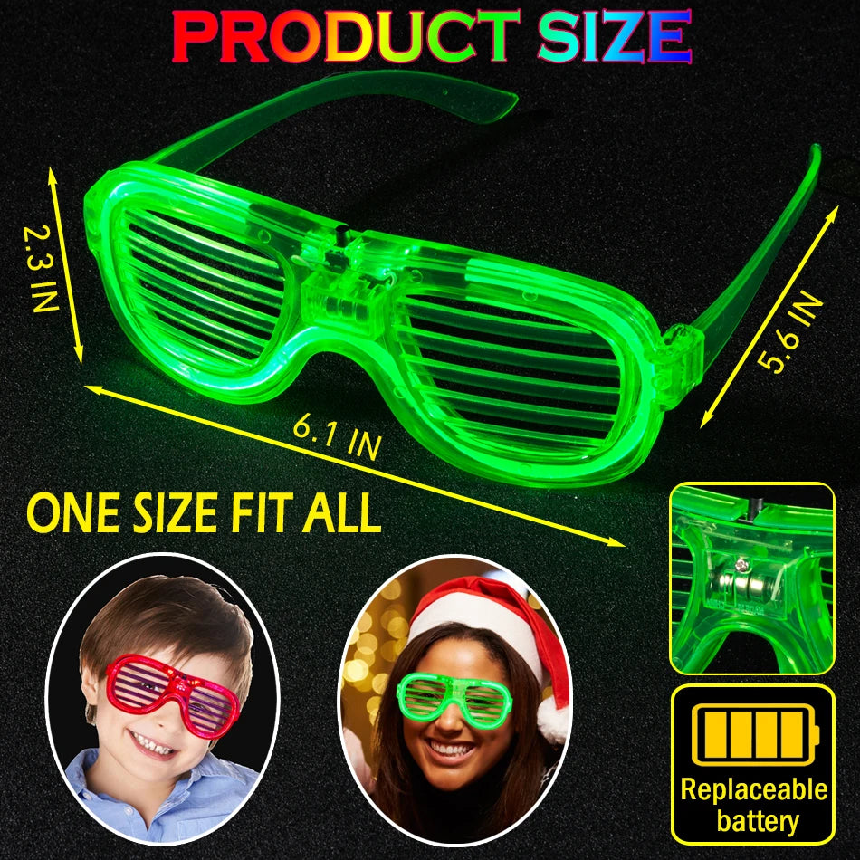 A pair of bright green LED light-up glow glasses shown with size measurements and examples of fit on children and adults.