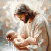 A painting depicting Jesus holding a baby, rendered in light tones and textured strokes.