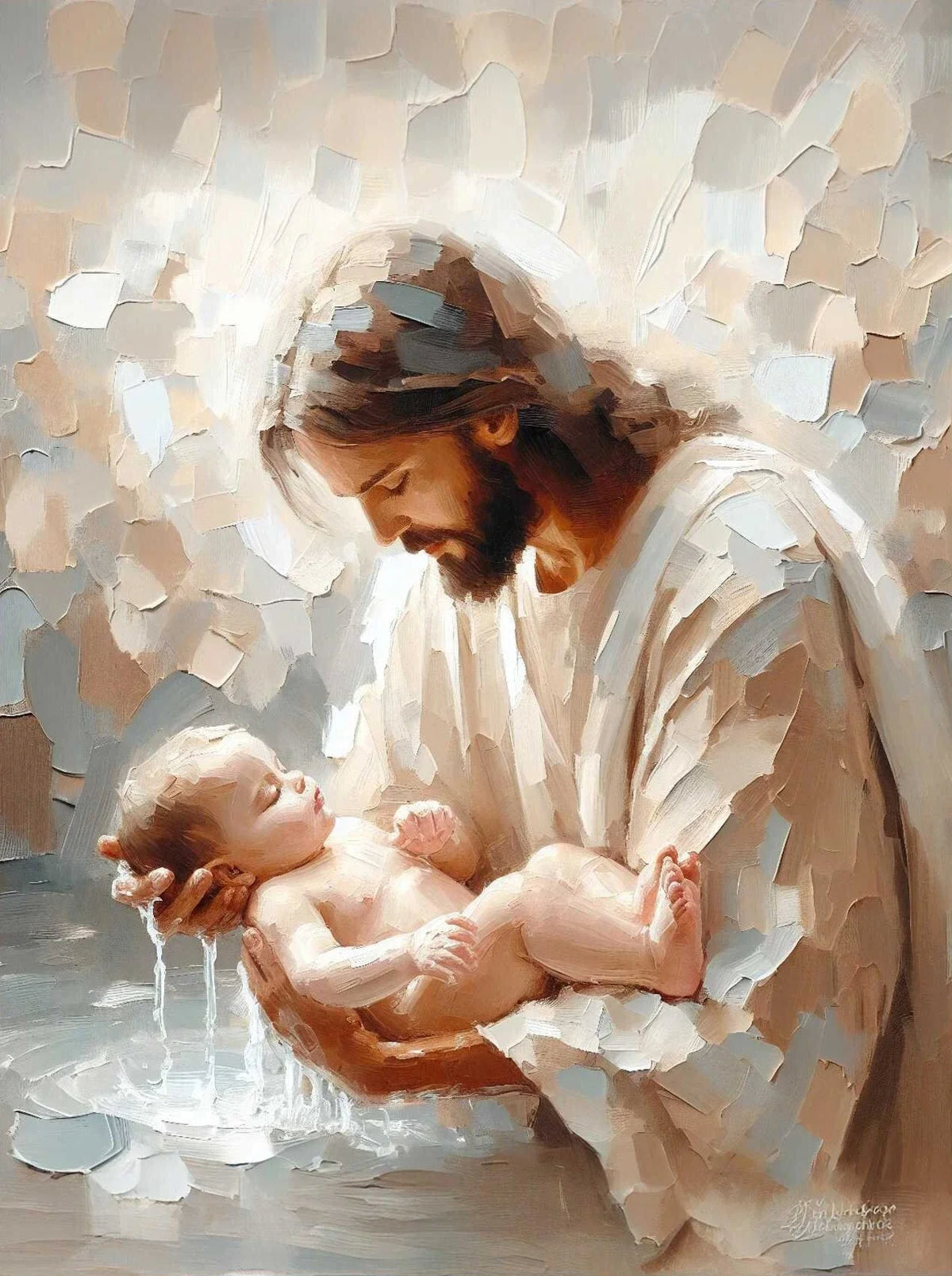 A painting depicting Jesus holding a baby, rendered in light tones and textured strokes.