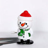 A white snowman figurine wearing a red Santa hat and a green scarf, displayed on a black base.