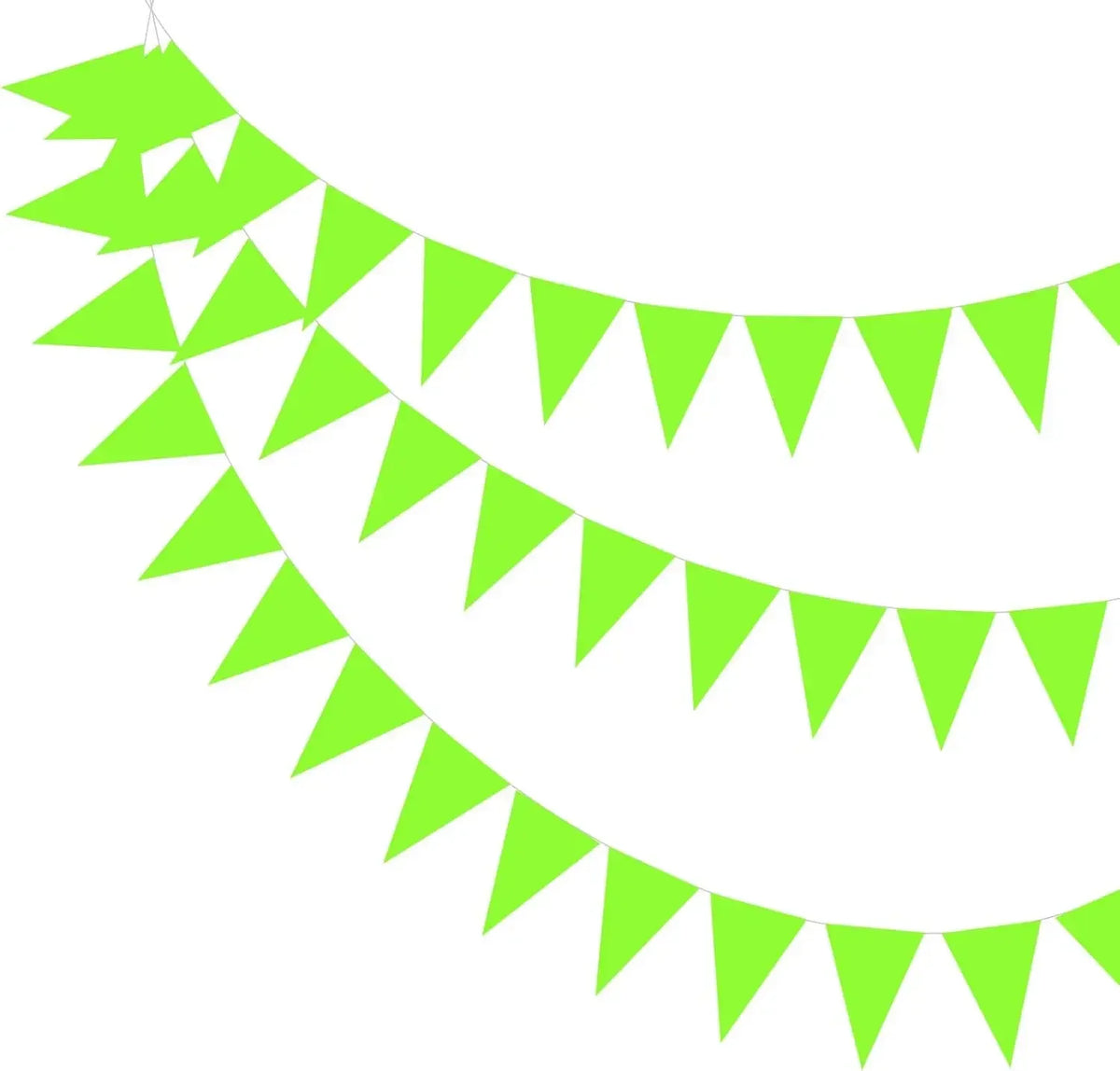 A string of bright lime green triangle bunting flags forming a curved garland.