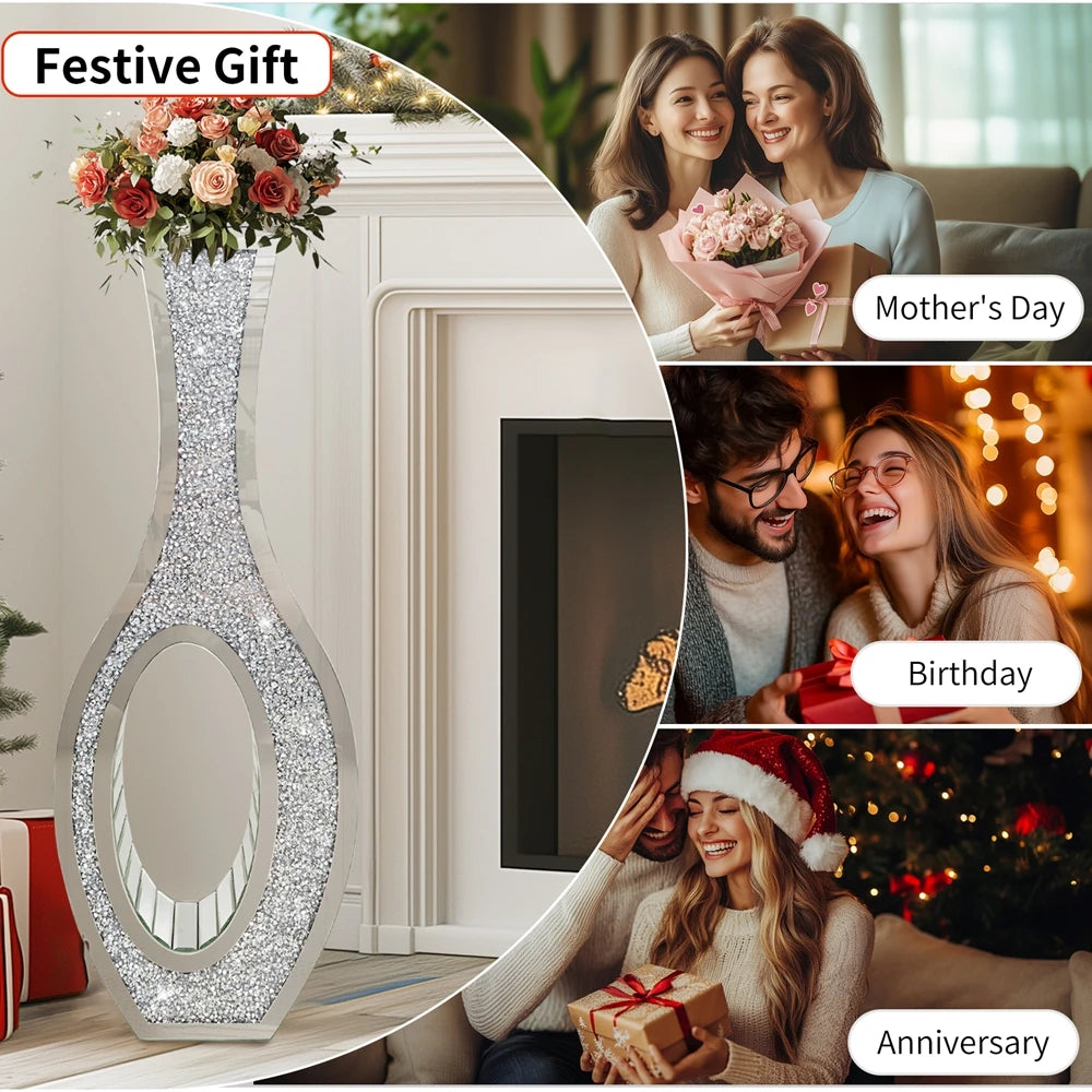 Tall silver mirrored vase with crushed diamond finish displayed in festive gift contexts.